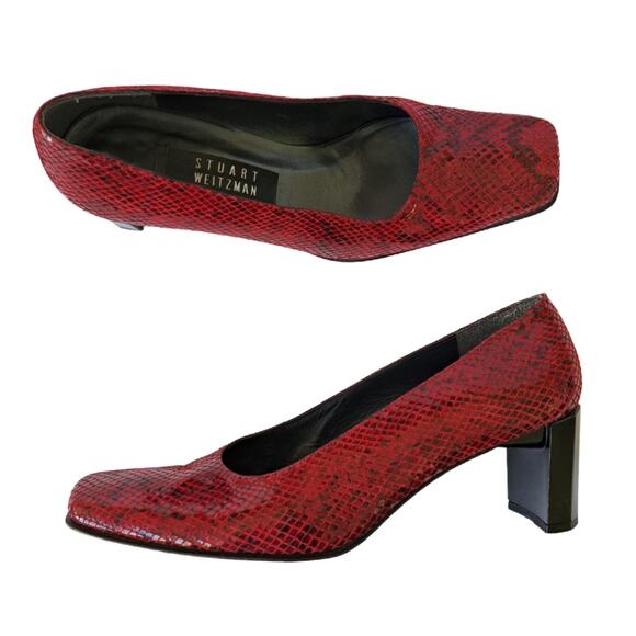 Stuart Weitzman Red Snake Pump Size 8.5 Block Heels Square Toe - Picture 1 of 12